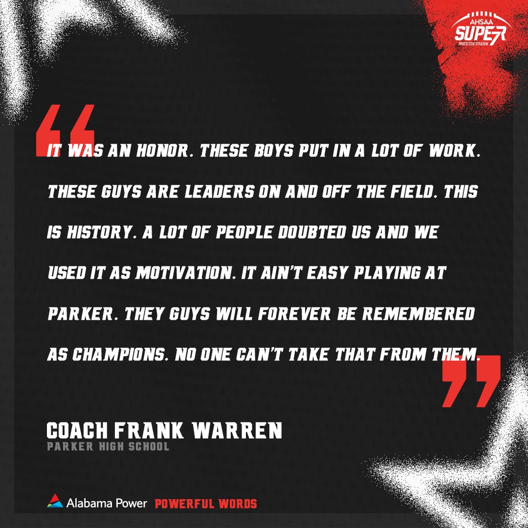 The #6A post-game press conference is happening now at Protective Stadium! Hear what Coach Frank Warren has to say about the Thundering Herd's championship title with Alabama Power's Powerful Words.

#Super7 | #StateYourClaim | @AlabamaPower | #6A | <a href="/AHSAAUpdates/">AHSAA</a>
