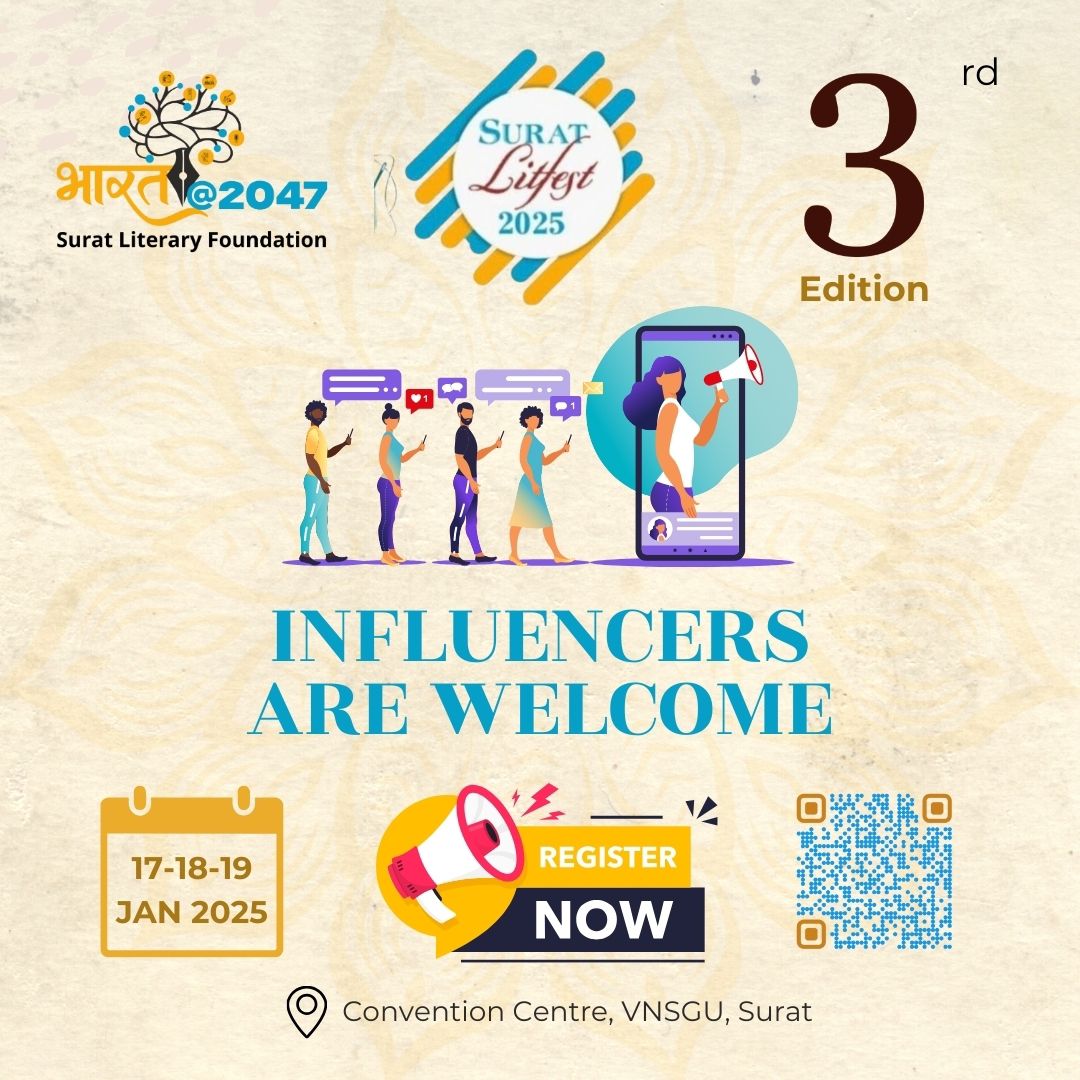 Srtlitfest's tweet photo. 🌟 Join the 3rd Edition of Surat LitFest 2025! 🌟
📅 Dates: 17-19 January 2025
📍 Venue: Convention Centre, VNSGU, Surat

Calling all influencers! Be part of this grand literary event and meet and greet to people . 🎤📚

👉 Register Now through the QR code in the poster or 
visit https://t.co/QJk9TuntyQ

Don’t miss this opportunity to inspire and connect!
