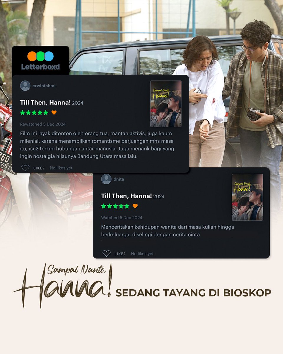 Hatur nuhun ulasannya teman-teman, senang sekali mendengar reaksi kalian yang udah nonton #SampaiNantiHanna 🥺🫶🏻

BELI TIKETNYA SEKARANG dan Sampai nanti, di seluruh bioskop Indonesia! 🥳

#SampaiNantiHanna #SampaiNantiHannaFilm #JodohTakLariKemana