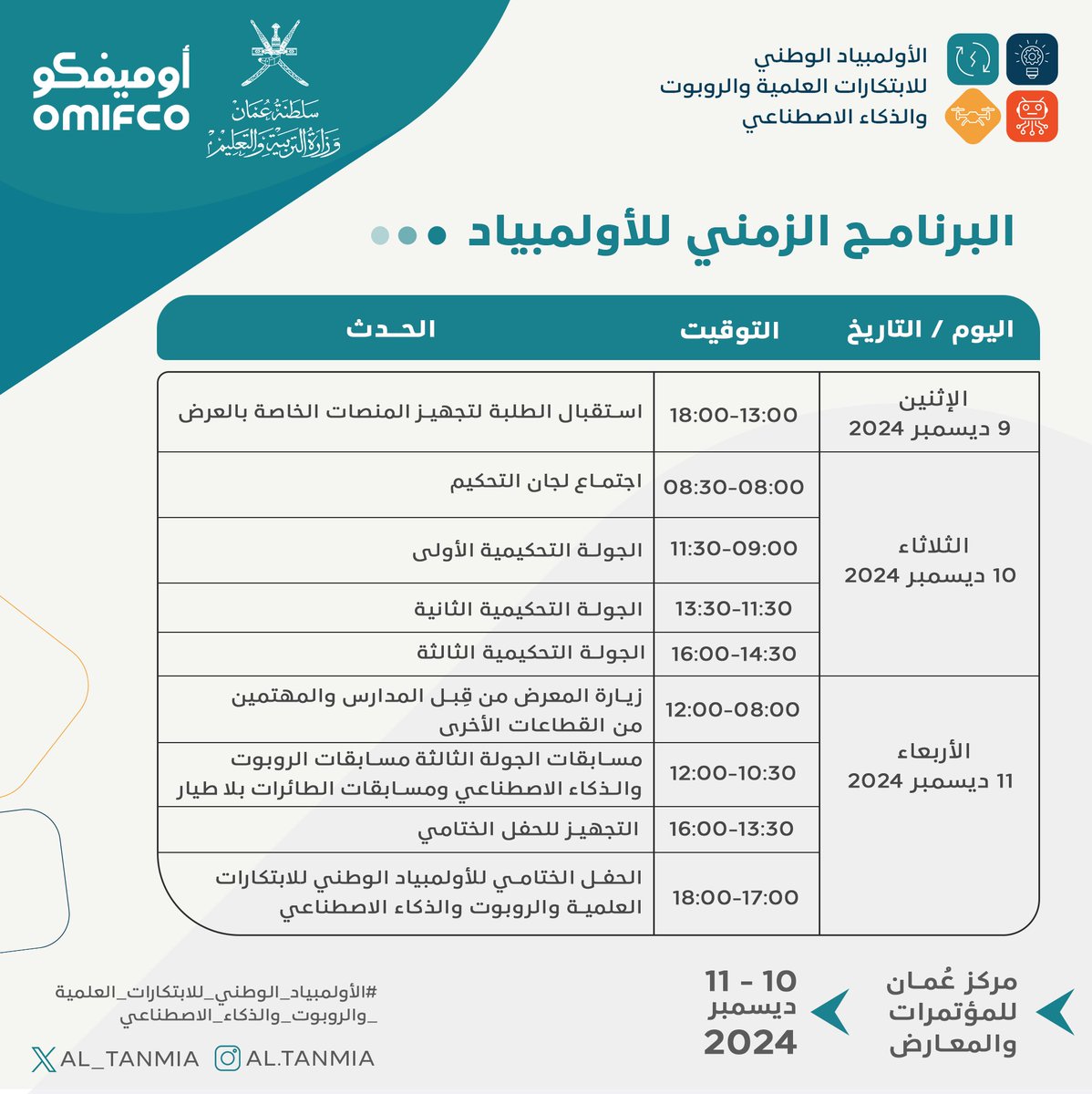 📅 الجدول الزمني لـ #الأولمبياد_الوطني_للابتكارات_العلمية_والروبوت_والذكاء_الاصطناعي
📍 الموقع: مركز عُمان للمؤتمرات والمعارض

تابعونا لاكتشاف الإبداع والابتكار! 🌟
#الأولمبياد_الوطني_للابتكارات_العلمية_والروبوت_والذكاء_الاصطناعي