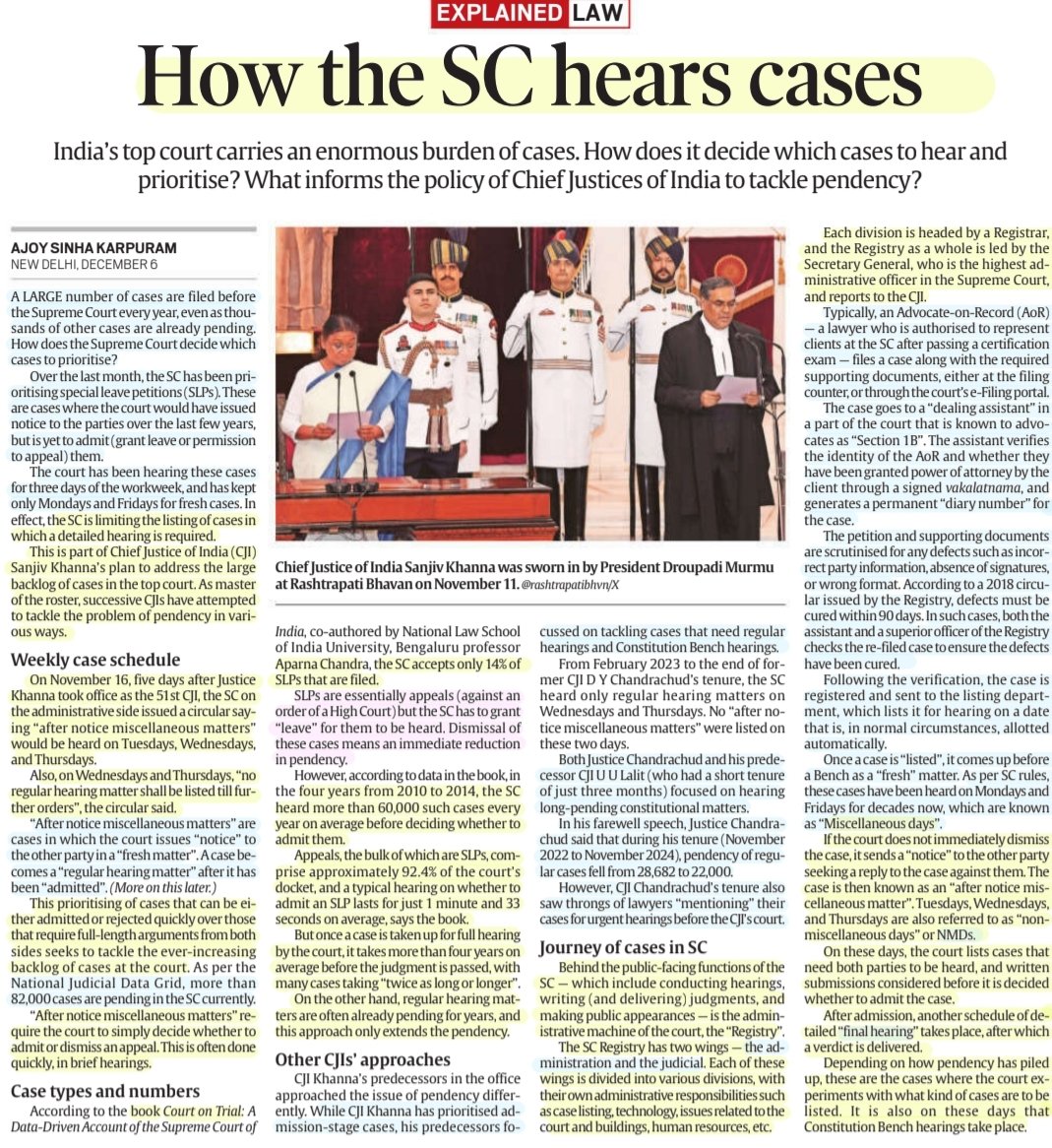 imRavikantYadav's tweet photo. 'How the SC hears cases'
:Details by Sh Ajoy Sinha Karpuram
@AKarpuram
#SupremeCourtofIndia
#Cases #Hearings #listings
#Registry #listing
#SLP #Pendency
#CJI #Justice
#Law
#UPSC
Source: IE https://t.co/jOR6KFnbgy