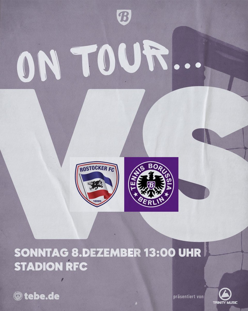 TennisBorussia's tweet photo. Wie schon in der letzten Saison steht zum Abschluss der Hinrunde das Duell gegen den Rostocker Fußballclub an.
Anstoß am Dammerower Weg in Rostock ist am Sonntag um 13 Uhr.
Come on TeBe!
#TeBe https://t.co/yMy3SvKBe5