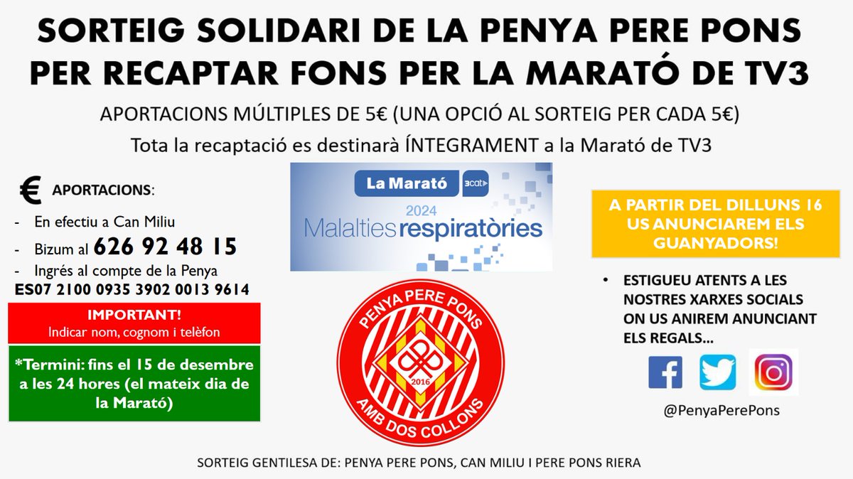 🚨 Sorteig per la Marató de TV3, com cada any! 🚨
🍀 Per cada 5€ de donació, una opció al sorteig
🧐 Atents a les nostres xarxes per descobrir els obsequis a sortejar
😁 Intentarem anunciar els guanyadors a partir del dilluns 16 de desembre

GRÀCIES A TOTS PER PARTICIPAR I SORT!