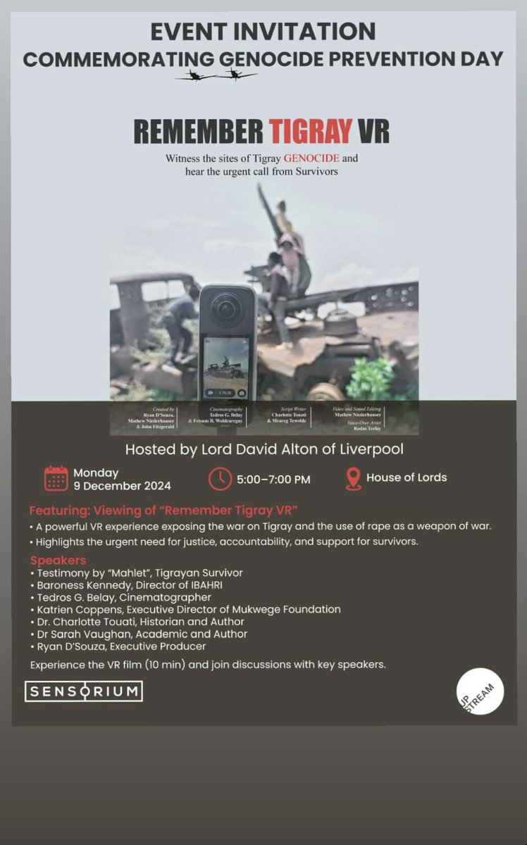 Tigray - commemorating World Genocide Day <a href="/UKParliament/">UK Parliament</a> at <a href="/UKHouseofLords/">House of Lords</a> meeting: Capacity is limited and an invitation required. Details from Rowena Kahsay: rowena-k@live.com -who will also kindly provide a report of the contributions marking this important occasion.