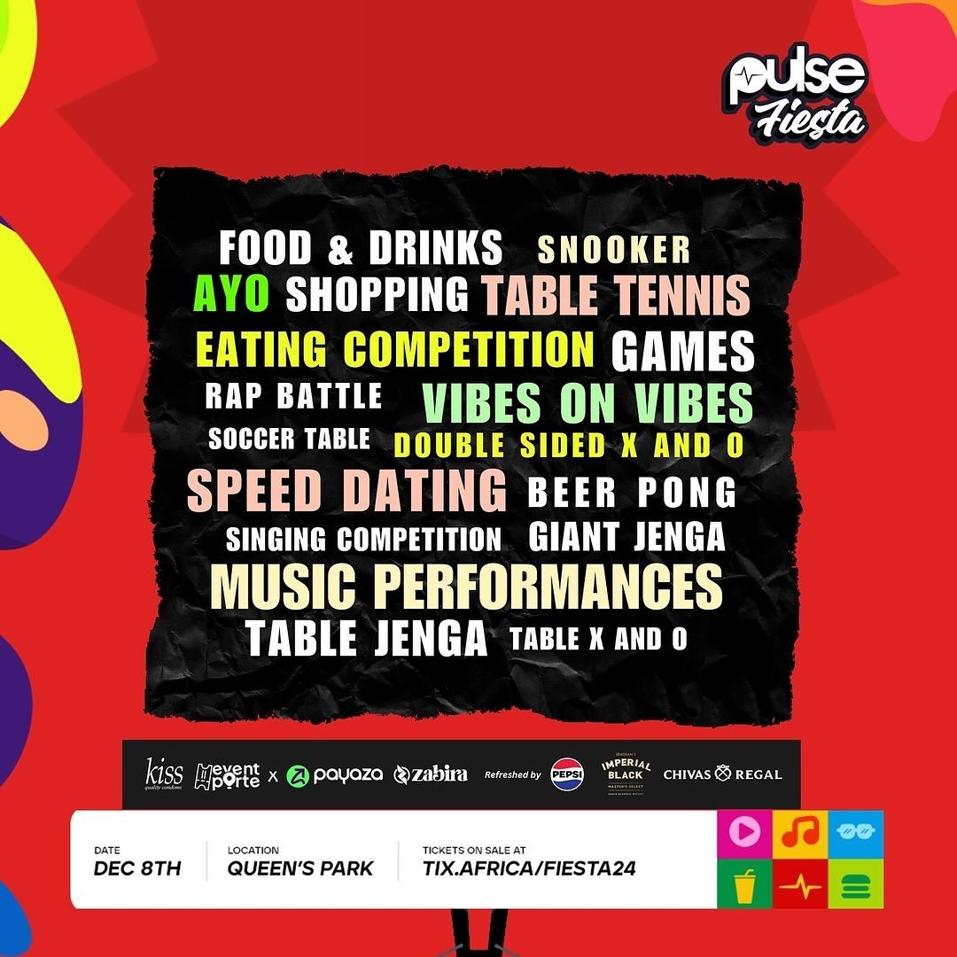 PulseNigeria247's tweet photo. Come and enjoy the best of comedy at Pulse Fiesta 2024. The comedy show is VIP ONLY, and it starts at 5 PM. 🎊🪅💯🚀

#LimitedTicketsLeft🚨 1 DAY TILL PULSE FIESTA🚨

👉🏾General Tickets are just ₦5,000! #LimitedTicketsLeft

👉🏾VIP Tickets are just ₦15,000 #AlmostSoldOut

👉🏾Clique of 3 ₦14,400

👉🏾SQUAD of 5 ₦22,500

Click this link https://t.co/MnmXbm8L9M NOW! 🚀

Come through for:
🍔 Food & Drinks
🎮 Games
🛍️ Shopping
🎭 Performances
❤️ Speed Dating
🌭 Eating Competition

Grab your tickets now 🎟️🔥

#PulseFiesta #PulseFiesta2024