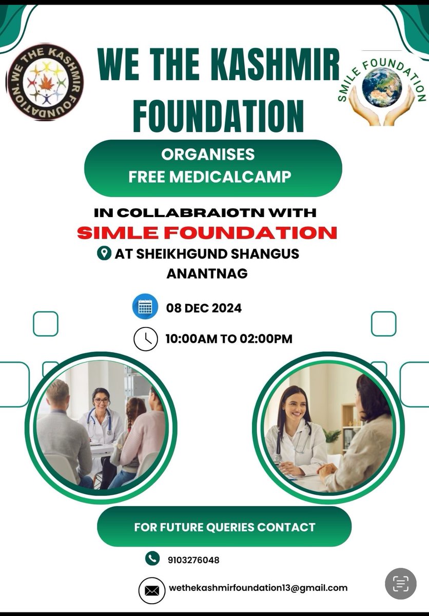 WTKFoundation's tweet photo. We The Kashmir Foundation is hosting a FREE Medical Camp at Shangus Nowgam, offering essential healthcare services to those in need. Skilled doctors and healthcare professionals will be available for consultations, treatments, and support.+1 https://t.co/omGq6xENKF