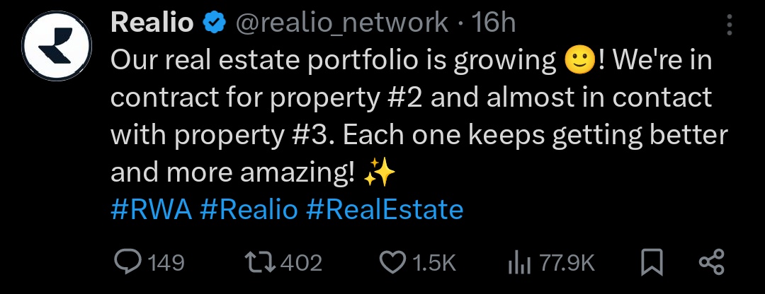 It's time!! $RIO 🚀

<a href="/realio_network/">Realio</a> team just announced they started acquiring assets in real world and it's freaking bullish. Imagine the power of tokenization, when the mass crypto adoption starts.

I added a big bag at these prices. Kept on buying the dip since 0.6$, and