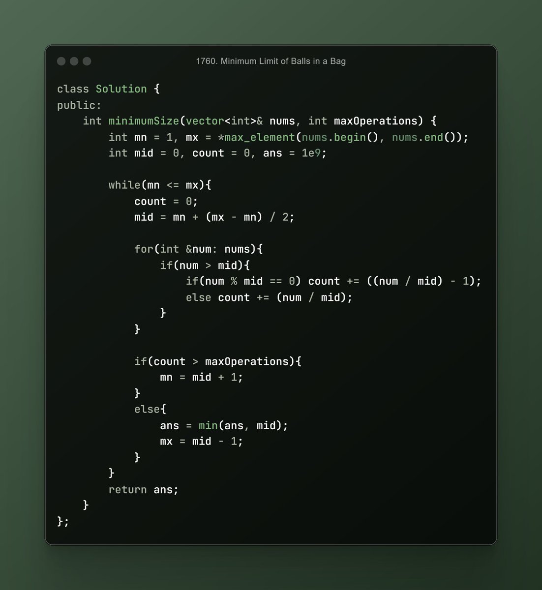 FaizanAlam416's tweet photo. 1760. Minimum Limit of Balls in a Bag
#GreedIsNotGood when there is written minimize the maximum/ Maximize the minimum it's always #binary, got a hint and tada
#LeetCode #potd #day93 https://t.co/aqA8Fl6dlz