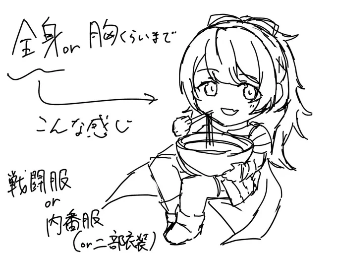 @tsunapppaaan おけおけ!食べてるデフォルメね!!こうして欲しいなってのが多い方が描きやすいから助かる!!!デフォルメだと全身もいけるけど顔アップとどっちがいいかね? 