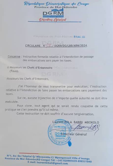 acprdcongo's tweet photo. #RDC: Le directeur général de la Direction générale des recettes du Maï-Ndombe (#DGRM), dans le sud-ouest de la République démocratique du Congo, a instruit les chefs d'entonnoirs de la province de l'interdiction de faire passer les embarcations sans paiement des taxes, dans une lettre circulaire parvenue samedi à l'ACP. 

« Messieurs les chefs d'entonnoirs, j'ai l'honneur de vous transmettre pour exécution l'instruction relative à l'interdiction de faire passer les embarcations sans paiement des taxes. Sur ce, aucune injonction de n'importe quelle autorité ne doit être exécutée », a-t-on lu dans la circulaire signée par Laurent Bola, directeur général de la DGRM.
Découvrez d'autres infos sur notre site  https://t.co/tGEWJ2BOoV