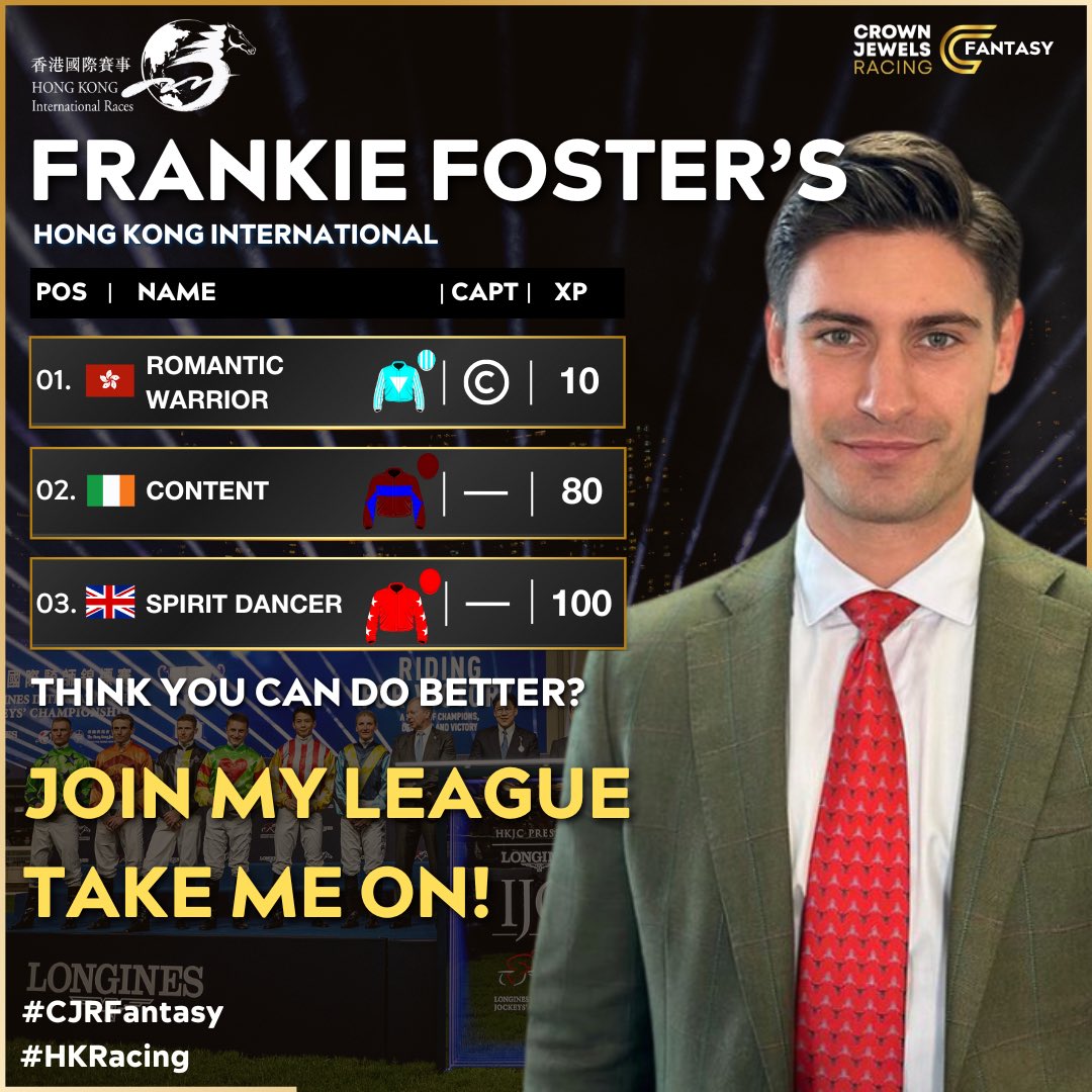 Think You Can Do Better Than Frankie Foster in the Longines Hong Kong Cup❓🇭🇰🏆

Register Now to Play The Game 🐎

🔗 Link In Bio

🏆: The Hong Kong Cup
🗓️: Sunday 8th December 
📍: Sha Tin

<a href="/FrankieFoster3_/">Frankie Foster</a> <a href="/HongKong_Racing/">Hong Kong Racing</a> #hongkongracing #hongkong #hkir #cjrfantasy