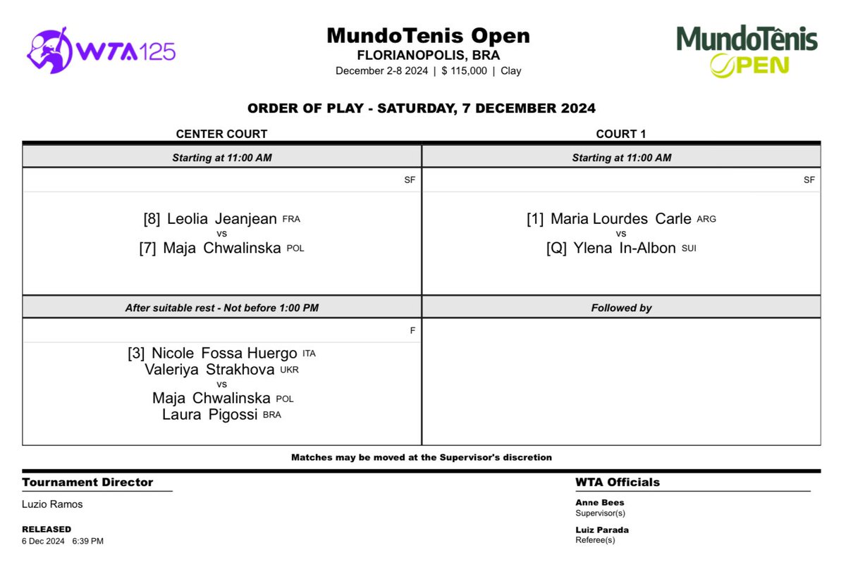 tenis_fm's tweet image. Orden de juego #WTA125 #MundoTenisOpen #07Dec 
⏰ La jornada comienza a las 15:00 hora española