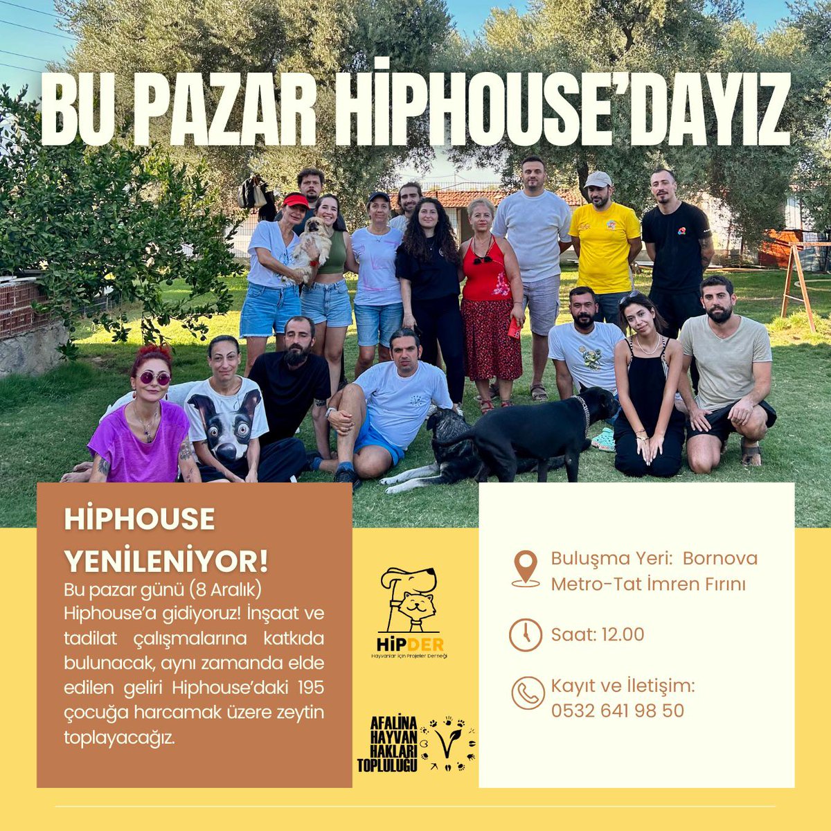 Yarın HİPHOUSE ‘dayız! İnşaat ve tadilat çalışmalarına destek olacak ve zeytin toplayacağız. Hem patili dostlarımızın yaşam alanlarını iyileştirmeye çalışacak hem de keyifli bir gün geçireceğiz🐾✨

#gönüllüler #etkinlik #barınak #izmir #izmiretkinlik #hayvanseverler #hipder