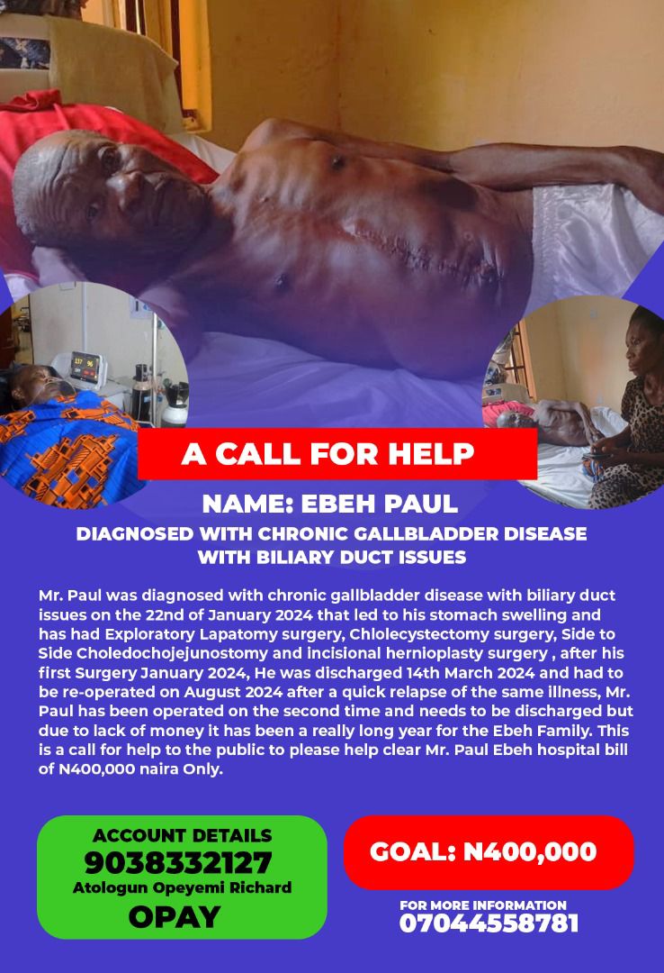 Urgent: Help Needed for Mr. Ebeh Paul‼️

Mr. Ebeh Paul has been stuck in the hospital since August due to unpaid bills. He urgently needs 400,000 Naira to cover his medical and discharge costs. So far, we've raised 124,800 Naira, but there's still a long way to go.