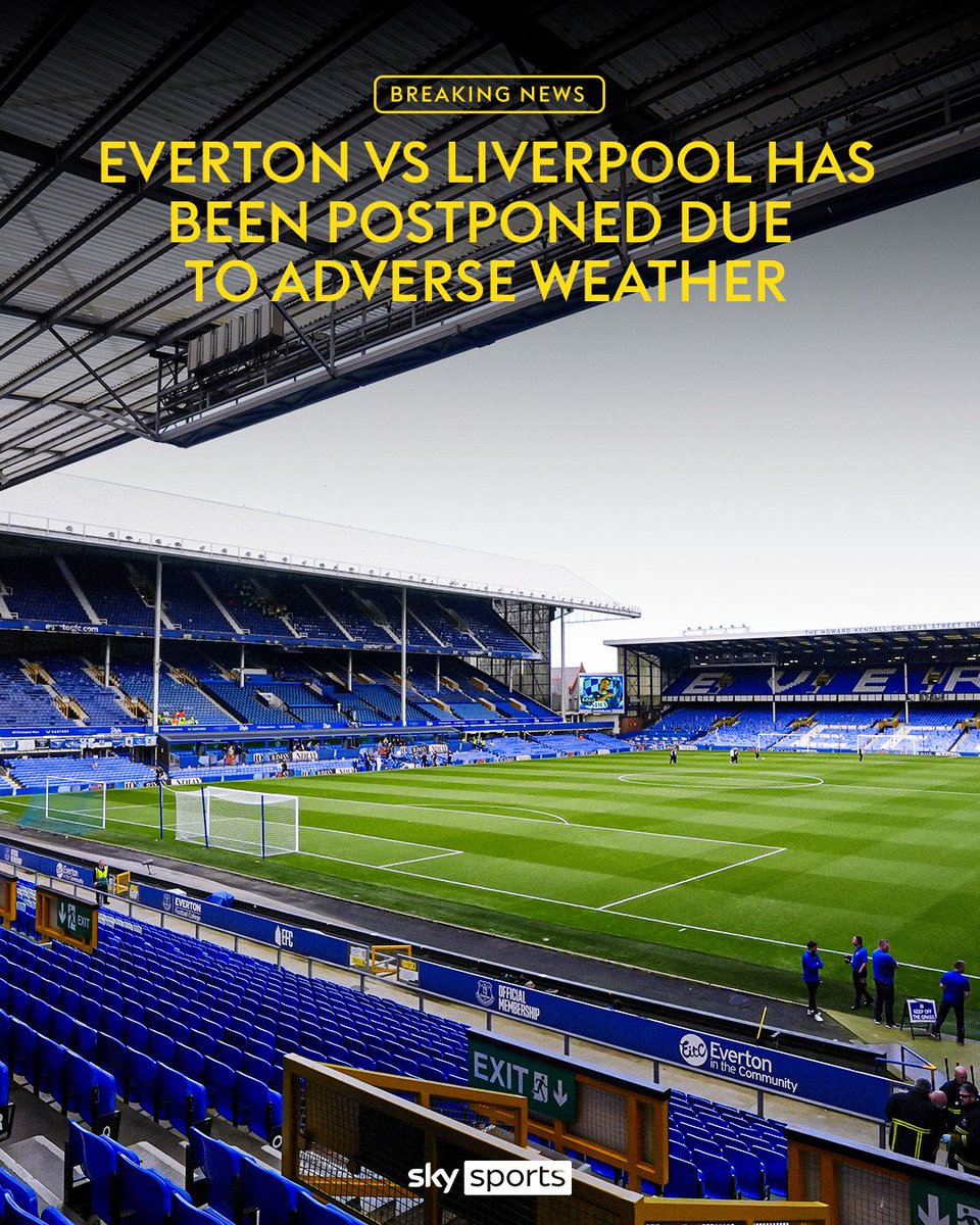 SiaranBolaLive's tweet photo. Official: #DerbyMerseyside antara Everton vs Liverpool resmi ditunda karena cuaca buruk https://t.co/hsBxbfdumy