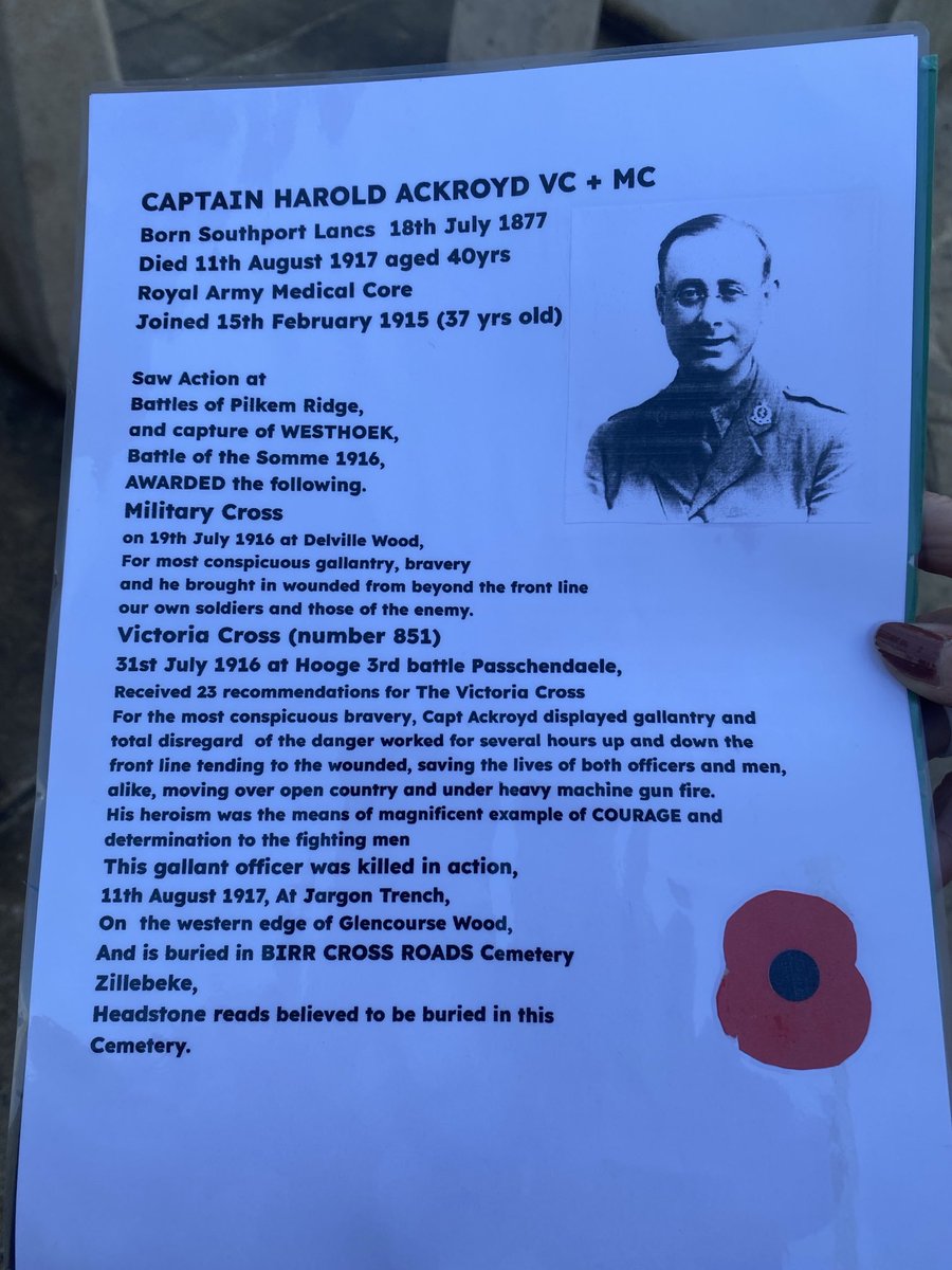 labour_steve's tweet photo. Paid our respects this morning to this brave fellow Captain Ackroyd. The attached sheet was in the Cemetery information box. Recommend on 23 separate occasions for the VC. Outstanding. https://t.co/CG2nXyJFQL