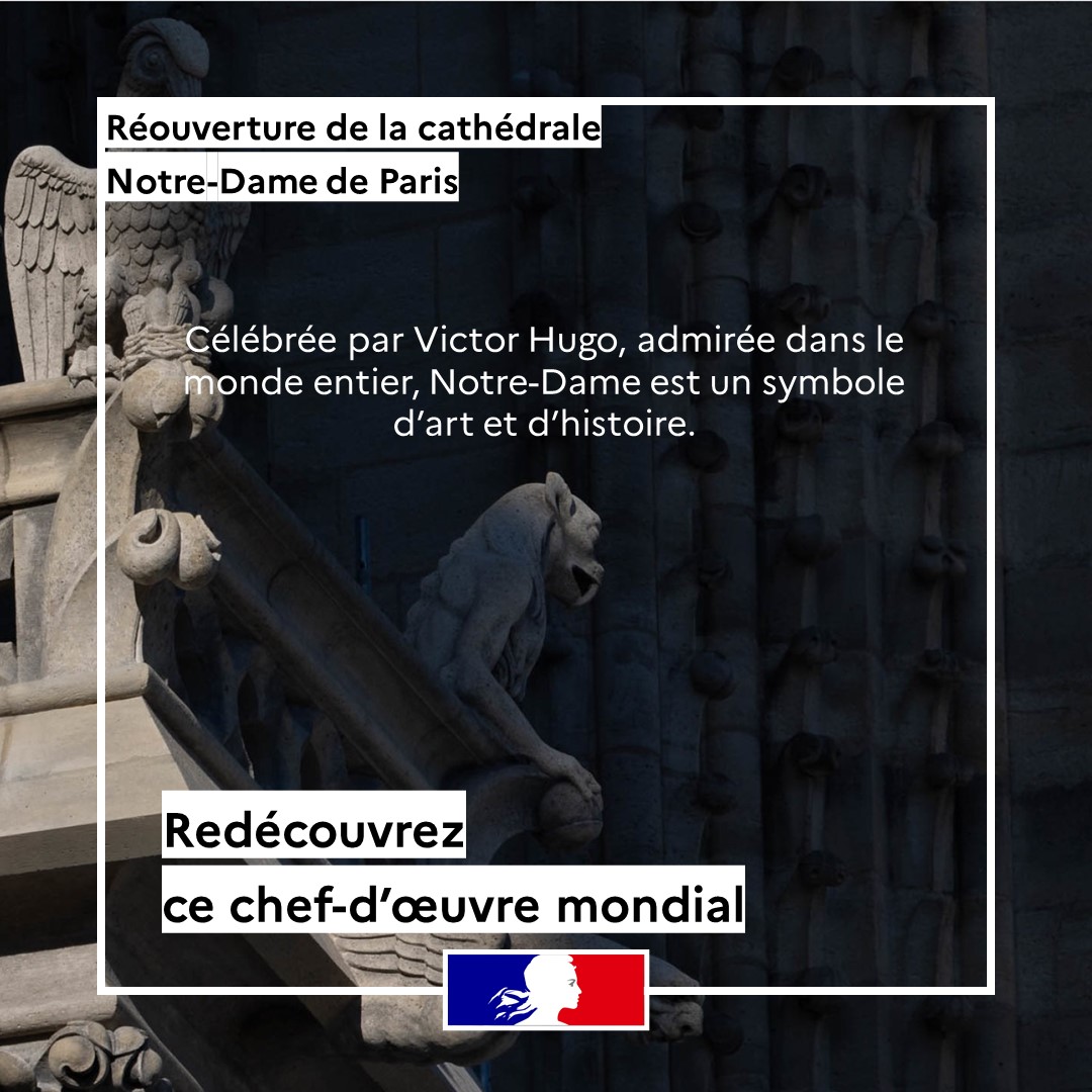 francediplo's tweet photo. #NotreDamedeParis | Ce week-end, la cathédrale Notre-Dame de Paris rouvre ses portes pour accueillir, de nouveau, le monde entier.

5 ans après l’incendie, la cathédrale restaurée émerge du « chantier du siècle » grâce à une mobilisation internationale et à des artisans doués d'un savoir-faire unique.

➡️ https://t.co/obJoYpizjp