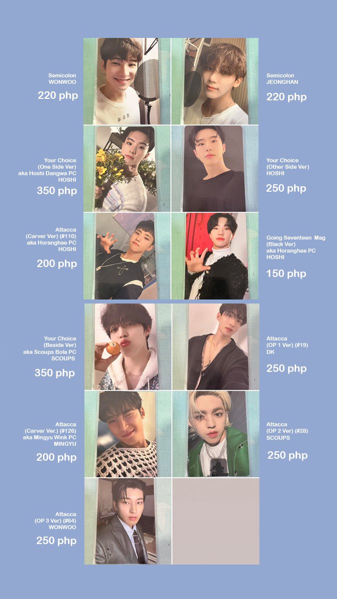 alweys_es's tweet photo. WTS LFB CARAT
Seventeen Photocards (Album and non-album) ❗️STRICTLY SOLD AS SET ❗️

FOR 3000 php if 3 days DOP and 2800 PAYO

Total 22 pcs of album pcs/tcs/merch pcs + many freebies

Check photos for the price breakdown
- All mint condi
- Onhand
- dm/reply to reserve or for qs https://t.co/pBN29Ra2m3