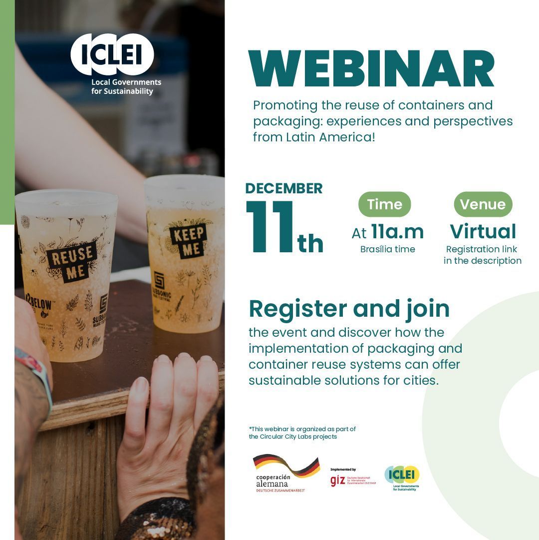 ICLEI's tweet photo. How do reusable packaging systems tackle #WasteManagement challenges and boost the #CircularEconomy in Latin America? Join the discussion with #ICLEI , @BMZ_Bund and @giz_gmbh on barriers, solutions &amp; opportunities ♻️ 

🗓️ 11 December, 15:00 CET 
🔗https://t.co/995vSKa4lb https://t.co/UTNynXw9Rj