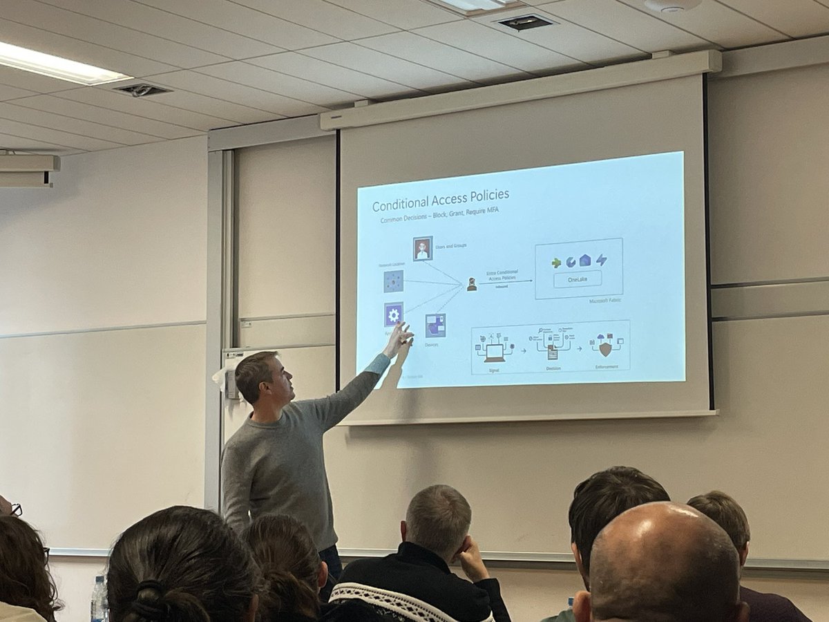 SQLMissSunshine's tweet image. Now listening to @Kjonge explaning at #DataSatSlovenia the options and features to secure your #Fabric environment!