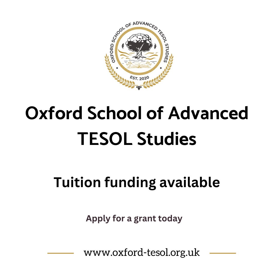 Oxford_TESOL's tweet photo. Need help with financing your studies at our School?
Apply for a tuition grant by 31 December: https://t.co/iu9NQqiGKB
* Grants are awarded on a first come, first served basis.
#AppliedLinguistics #Research #Education #StudentSupport #Funding #Grants #TESOL #TEFL #ELT #Oxford #UK https://t.co/e6WWYnpjut