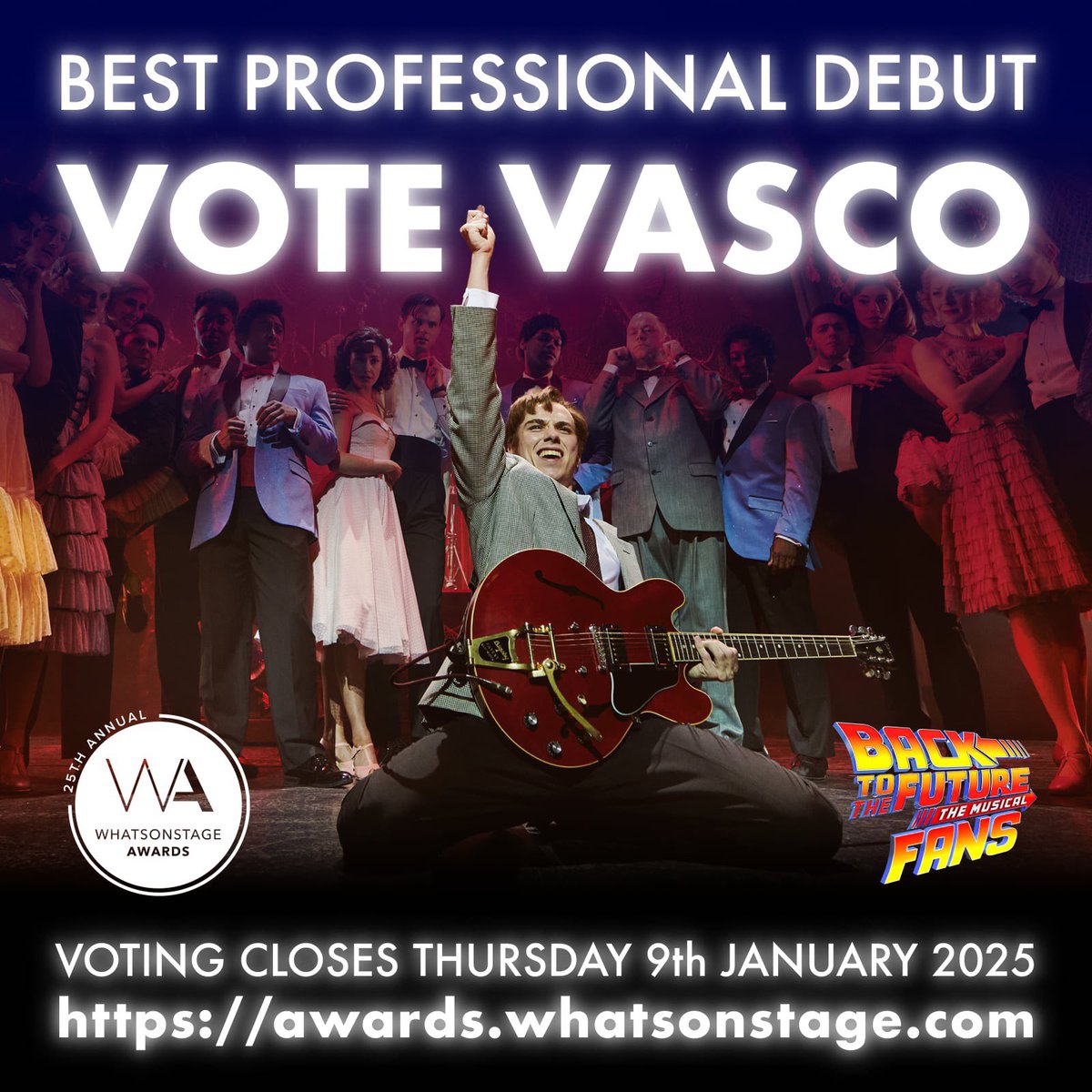 ⚡️1.21 GIGAWATTS OF CONGRATULATIONS to Vasco Emauz on his nomination for Best Professional Debut in the 25th Annual <a href="/WhatsOnStage/">WhatsOnStage</a> Awards!

Please join us in voting for Vasco for this hugely deserved accolade at awards.whatsonstage.com 🗳️ 

Voting closes Thursday 9th January 2025