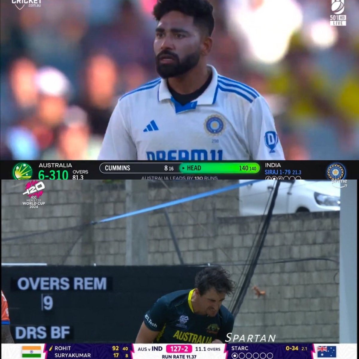 Starc gets hammered for nearly 30 runs in an over, but got Rohit’s wicket - fans be like, “Wow, Aussie mentality, never back down!”

Siraj bowls brilliantly all day, cleans up Travis Head, fans be like, “Respect Head’s knock, respect his century, don’t overreact!” 

🙏🤦🏻‍♂️