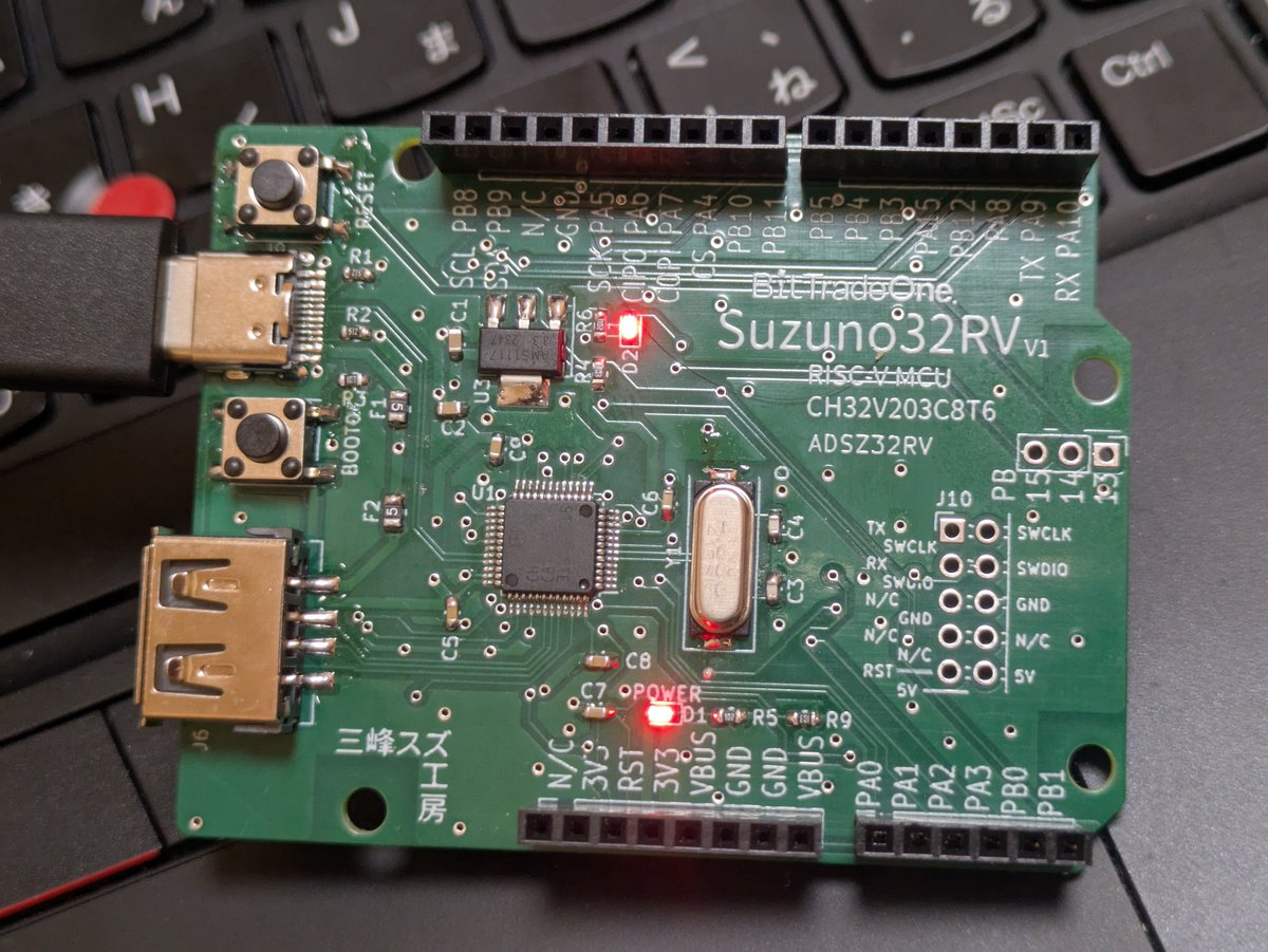 mopurun_elec's tweet photo. 欲しいと言ってたSuzuno32RVを千石電商で買いました。
早速、アセンブリ言語でLチカしました。
#Suzuno32RV #CH32V #BitTradeOne https://t.co/yHvOkjTQC2