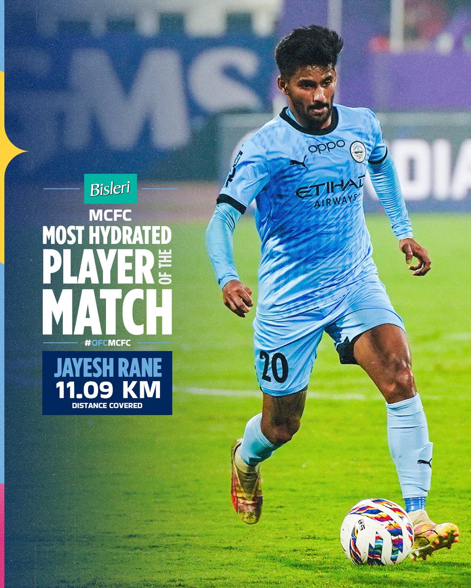 MumbaiCityFC's tweet photo. Having covered a distance of over 11 kms, @jayeshrane11 is the @BisleriZone MCFC Most Hydrated Player of the Match for #OFCMCFC ๐
#ISL #AamchiCity ๐ต https://t.co/VxlDzv7Ak9