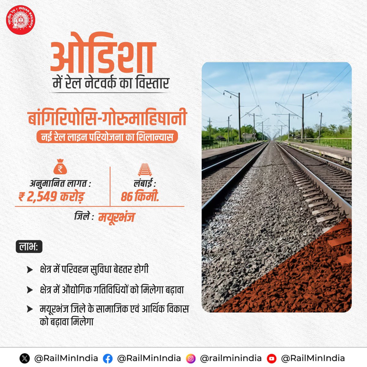 SCRailwayIndia's tweet photo. 👉Bangriposi - Gorumahisani New Rail Line project 

Hon'ble President Smt. Droupadi Murmu will lay the foundation stone for various Rail infrastructure projects from Odisha.

#RailInfra4Odhisha https://t.co/vyJLTPoiKo
