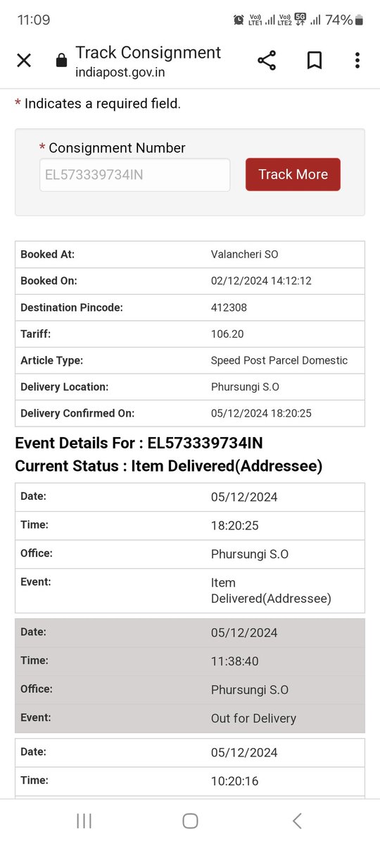 ShreCollection's tweet photo. @IndiaPostOffice EL573339734IN this my tracking ID. Showing in app delivery complete but I didn't received the order yet. Pl help. https://t.co/8ytK37ACZd