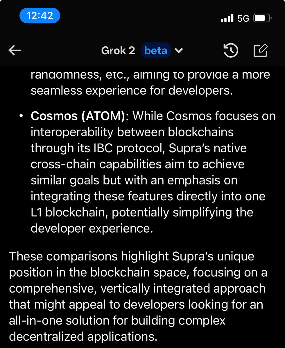 JoshuaTobkin's tweet photo. Wow, quite accurate and impressive explainer of what @SUPRA_Labs is doing. It’s just the start! 

Read thread — here’s the screenshots of Grok comparing Supra to other major projects in the space..

LFMove!🚀🚀🚀 https://t.co/KEUv3ApM1U