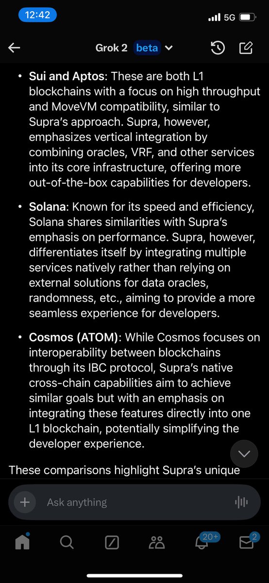 JoshuaTobkin's tweet photo. Wow, quite accurate and impressive explainer of what @SUPRA_Labs is doing. It’s just the start! 

Read thread — here’s the screenshots of Grok comparing Supra to other major projects in the space..

LFMove!🚀🚀🚀 https://t.co/KEUv3ApM1U