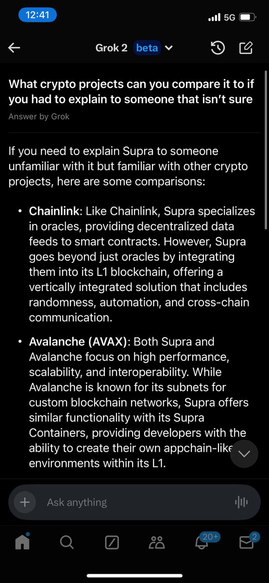 JoshuaTobkin's tweet photo. Wow, quite accurate and impressive explainer of what @SUPRA_Labs is doing. It’s just the start! 

Read thread — here’s the screenshots of Grok comparing Supra to other major projects in the space..

LFMove!🚀🚀🚀 https://t.co/KEUv3ApM1U