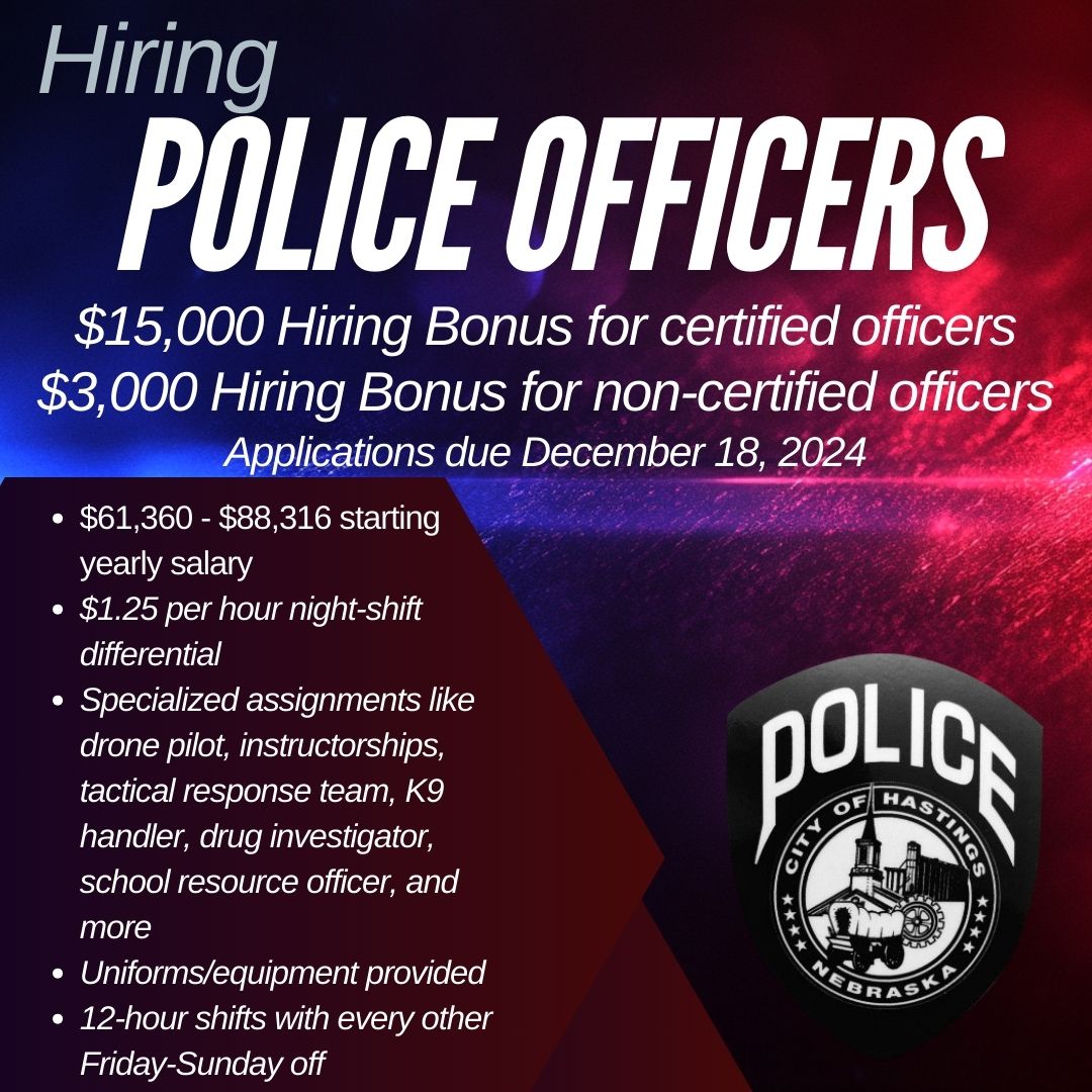 Come for the excellent training and the rewarding career, but stay for the lifelong benefits to fuel your future - We are accepting applications until Dec. 18, 2024 at 5p.m. CST. #Police #PoliceJob   Applications and additional information can be found:

cityofhastings.org/departments/hu…