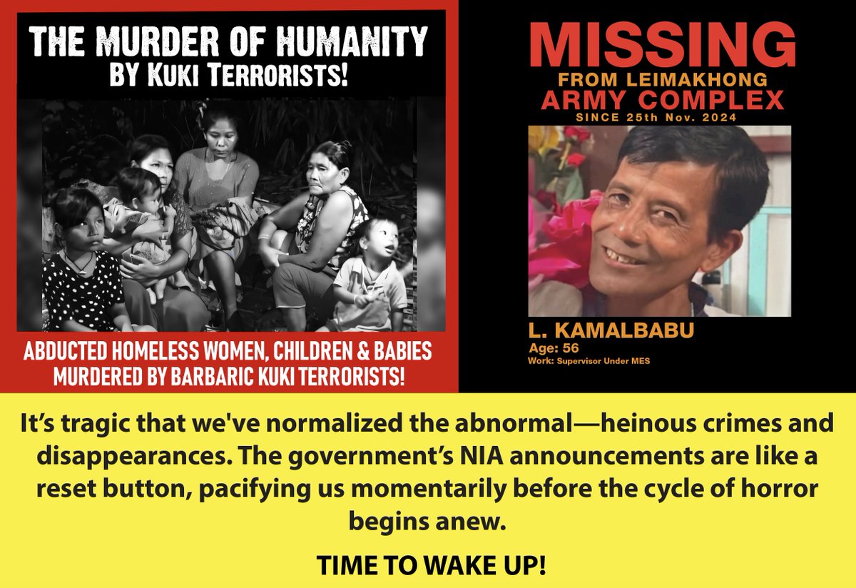 How did we reach a point where unusual crimes and disappearances feel ordinary? Each time the government involves the NIA, it's like hitting snooze on our outrage until the next grim headline. #ManipurUnderAttack 
<a href="/AmitShah/">Amit Shah</a> <a href="/narendramodi/">Narendra Modi</a> <a href="/NBirenSingh/">N. Biren Singh</a> <a href="/rajnathsingh/">Rajnath Singh</a> <a href="/kartikeya_1975/">Kartikeya Sharma</a>