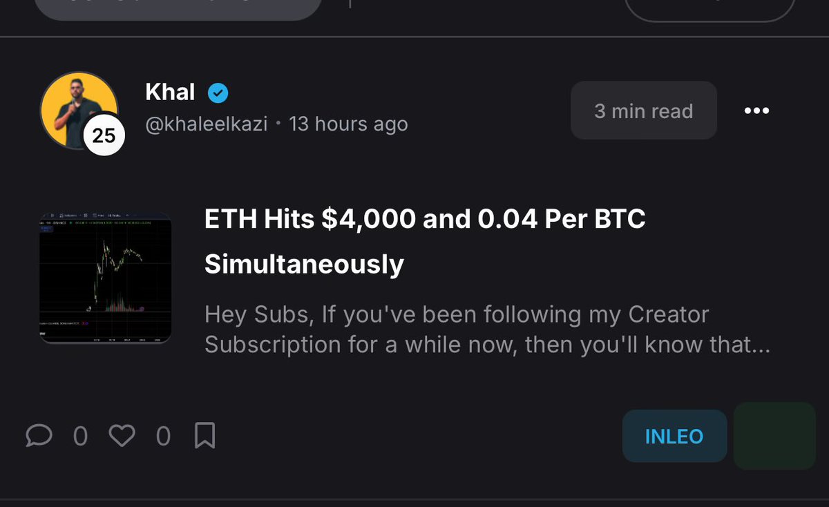 My latest sub only newsletter was posted earlier today

I release a newsletter 1x per week (every Friday at noon est) to all my subs

Since the beginning, we’ve been tracking this ETH/BTC trade. We’re now up over 50% in USD terms and 30% in BTC terms

Subscribe to my Creator Sub