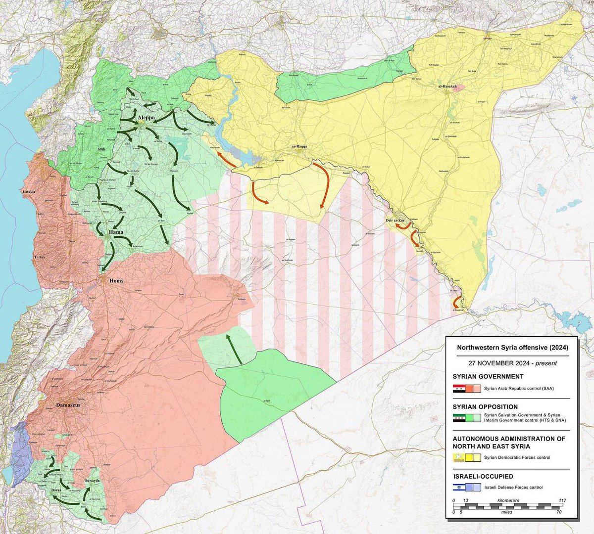 sham_syrianews's tweet image. 🇸🇾 The current situation in #Syria
Map by @Spectator_MENA 
#DeterAggression #HTS #SNA #SDF #Idlib #Homs #Hama #Damascus 
#سوريا_تحارب_الإرهاب #سوريا #قسد #ردع_العداون #ادلب #حمص #حماه #دمشق