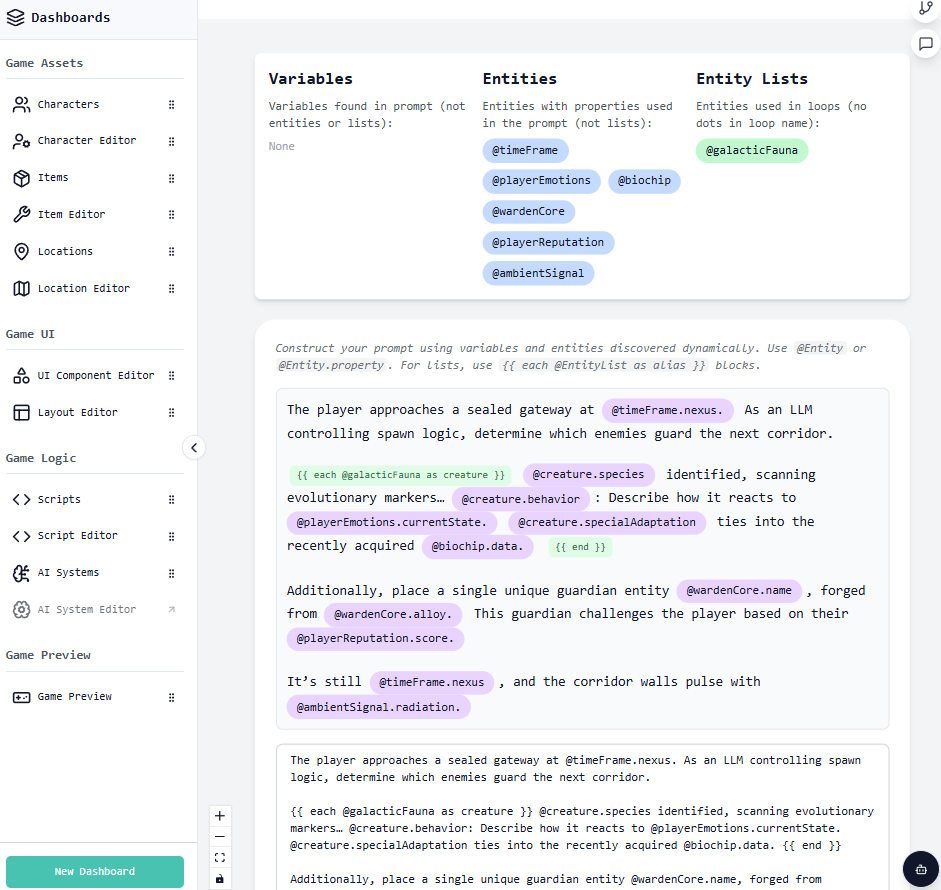 Tempest AI BIP: Day 4 

Started work on the prompt generation for LLM logic, it works exceptionally well with the current game engine architecture. 

This will enable us to create some very very dynamic games
