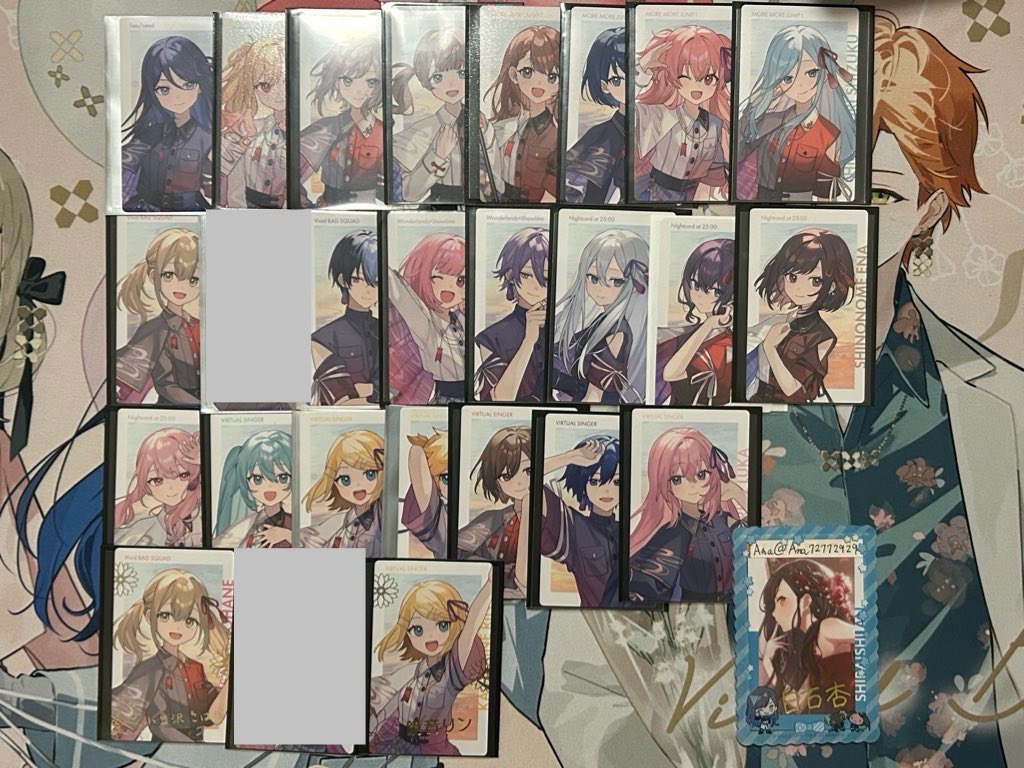 Ana72772929's tweet photo. 【交換】プロセカ エピカ 特典

譲）一歌、咲希、志歩、穂波、みのり、遥、愛莉、雫、こはね、冬弥、司、類、えむ、奏、まふゆ、絵名、瑞希、ミク、ルカ、MEIKO、KAITO、リン、レン

求）同異種　杏　（画像4参照）

箔↔︎箔or箔↔︎N4点までと交換可能
※全て1点のみ求
💖優先で探してます！ https://t.co/MllFdBcTc2