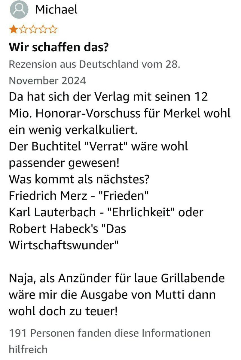 TimKoffiziell's tweet photo. Lesenswerte Rezension zum Schundwerk "Frechheit"!

#Merkel #Merkelbuch https://t.co/Mo5HRf9ojO