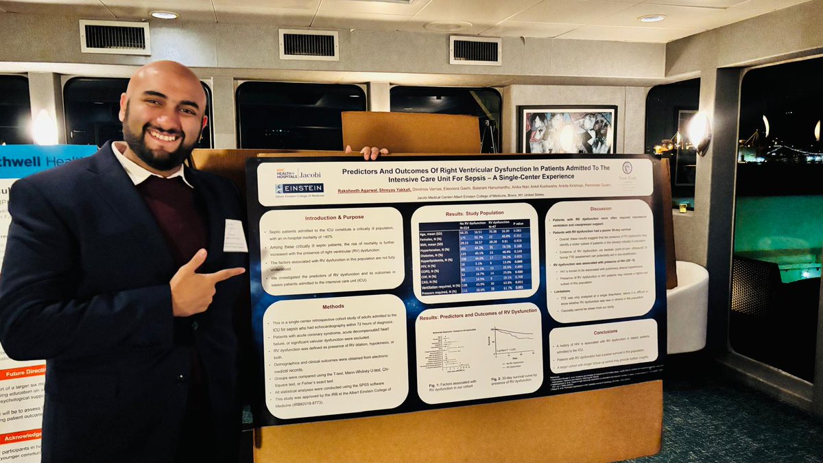 raksheeth_a's tweet photo. Absolutely humbled by the oppprtunity to present our study on RV dysfunction in sepsis patients admitted to our ICU at @NYSCACC 's annual Young Investigator Competition! (+ got to present research on a yacht! 🥳) @jmcchiefs #NYACC #CardioTwitter https://t.co/gkQw0MNXFC