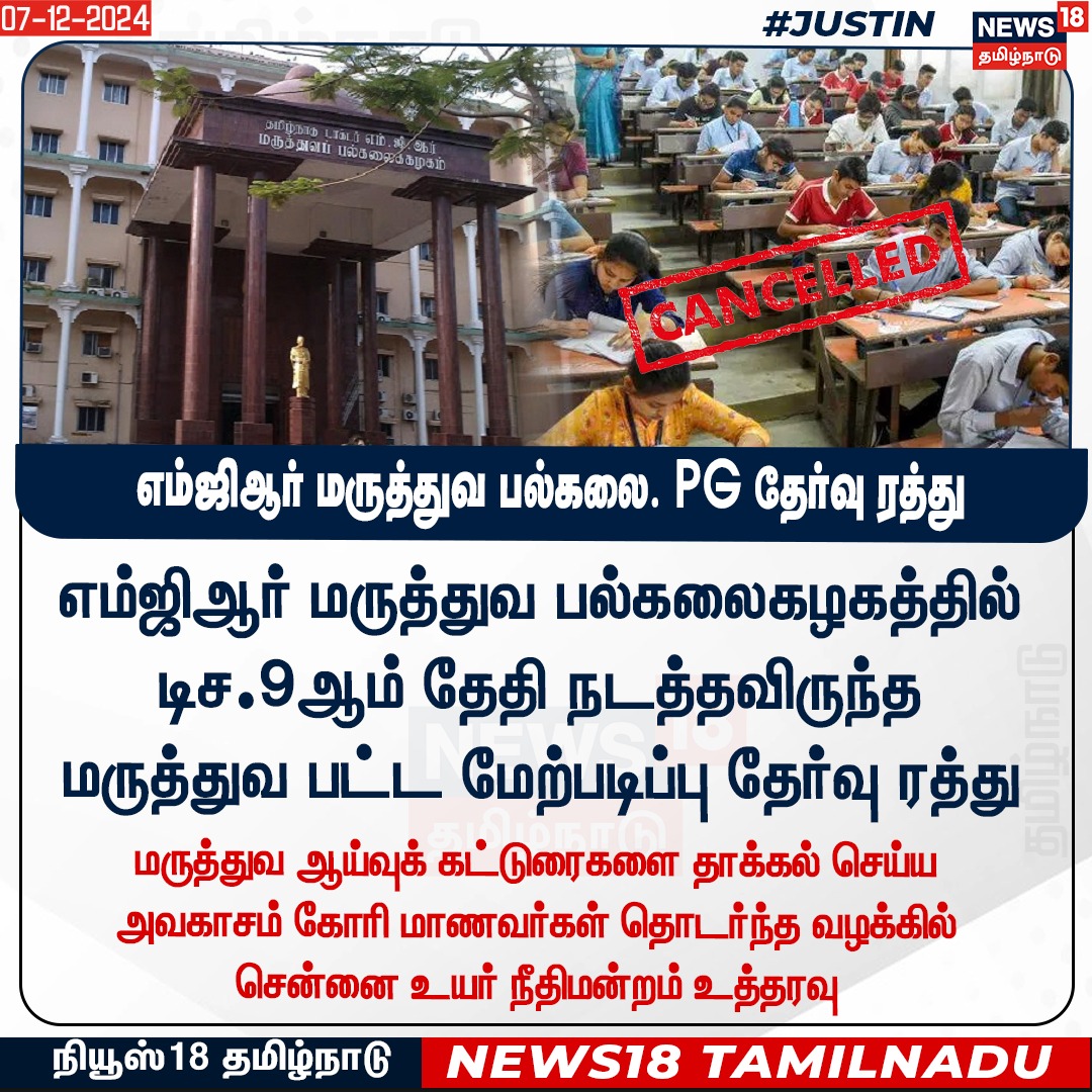 News18TamilNadu's tweet image. #JUSTIN எம்ஜிஆர் மருத்துவ பல்கலைகழகத்தில் டிச.9ஆம் தேதி நடத்தவிருந்த மருத்துவ பட்ட மேற்படிப்பு தேர்வு ரத்து

#MGRUniversity #PGExam  #News18Tamilnadu | News18Tamil.com
