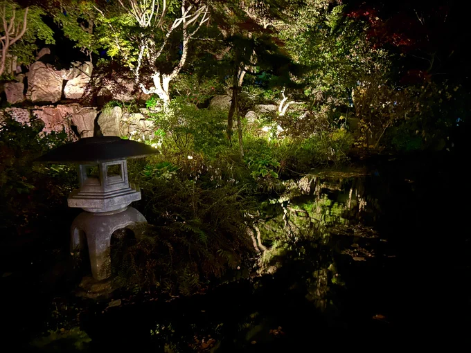 温泉はもちろん気持ち良くてプールもあって凄かったんだけど、2階から裏に回って行ける庭園がすごい雰囲気良くて綺麗だったー!#庭の湯ホロライブコラボ#にわのゆほへっと 