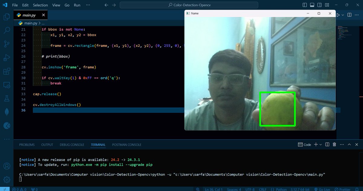 Sarfarajmolla23's tweet image. 🎨 Built a Color Detection Model using Python, OpenCV, NumPy, and Pillow!
✨ Detect colors in images with ease.
🔗 Clone it & give it a try:
👉 GitHub: lnkd.in/gR-GtaJF
#Python #OpenCV #ColorDetection #OpenSource