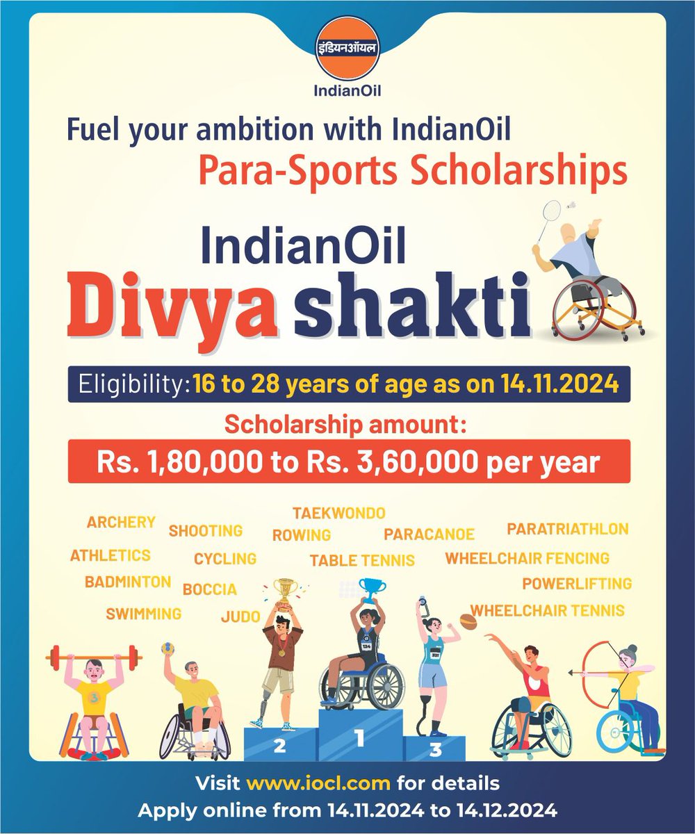 IndianOilcl's tweet image. Empowering para-athletes across India, IndianOil’s DivyaShakti Scholarships offer financial assistance to 100 deserving individuals. To promote inclusivity, 50 scholarships are exclusively reserved for female athletes. Take this step towards fulfilling your dreams—apply now!
🌐…