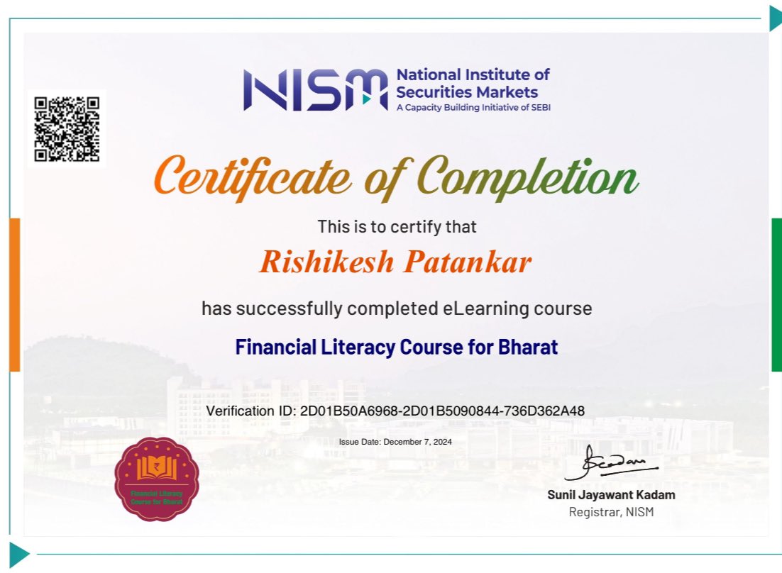 PatankarRishi's tweet photo. Successfully completed the “Financial Literacy Course for Bharat” this weekend as part of my journey to learn, unlearn, relearn.

#FinancialLiteracy #DigitalLiteracy #DigitalIndia #SkillIndia #LifeSkills #nism #nsdc #capacitybuilding https://t.co/oel3YlYVUT