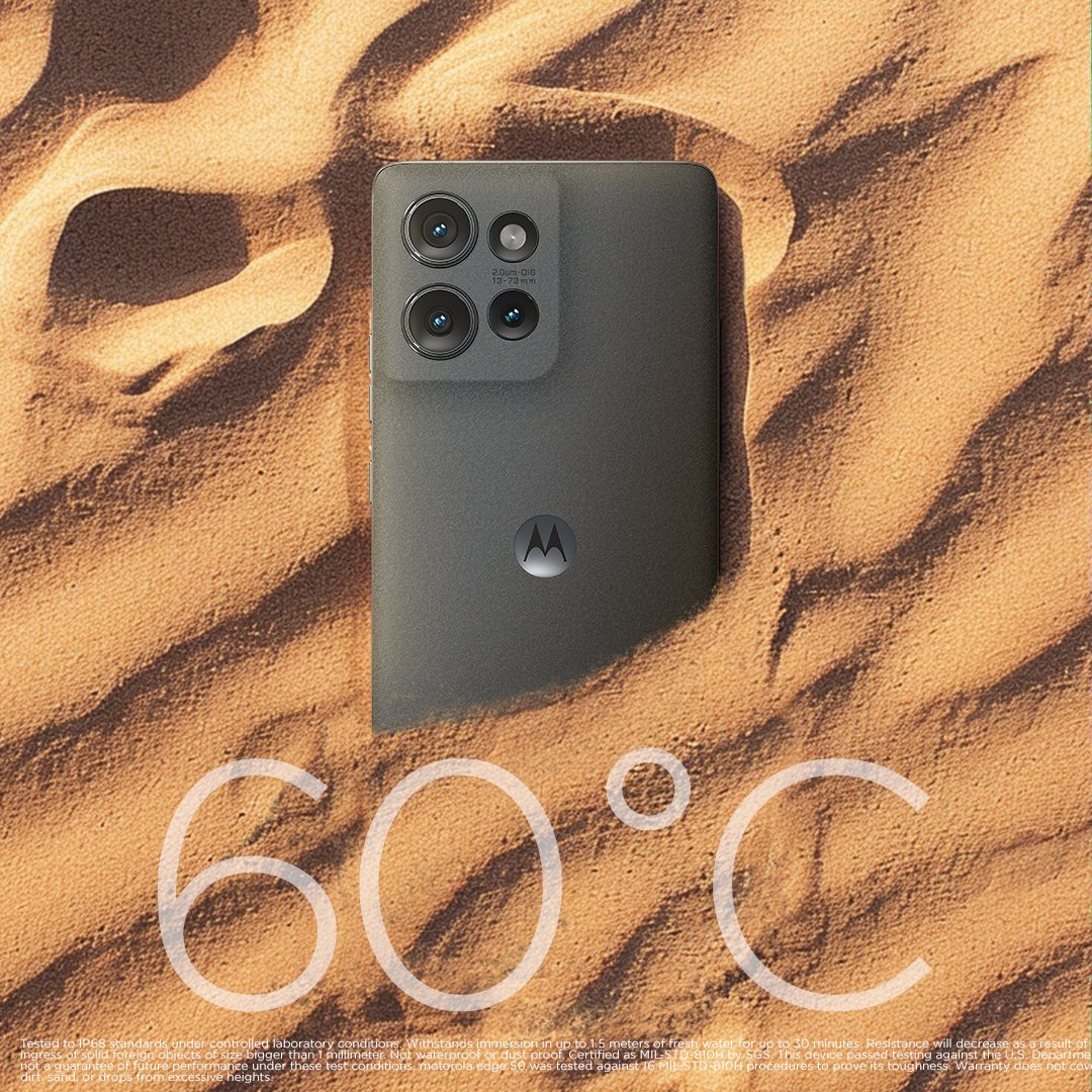 Motorola_Saudi's tweet photo. You: 🫠 or 🥶
Motorola Edge50: 😎
Extreme weather got nothing on the new smARTphone as Motorola #Edge50 comes with MIL-810H military grade certification, passing 16 rigorous durability tests, and handling -20 degrees to +60 degrees Celsius.
#Motorola #BuiltToSurvive https://t.co/lVTJh99VIZ