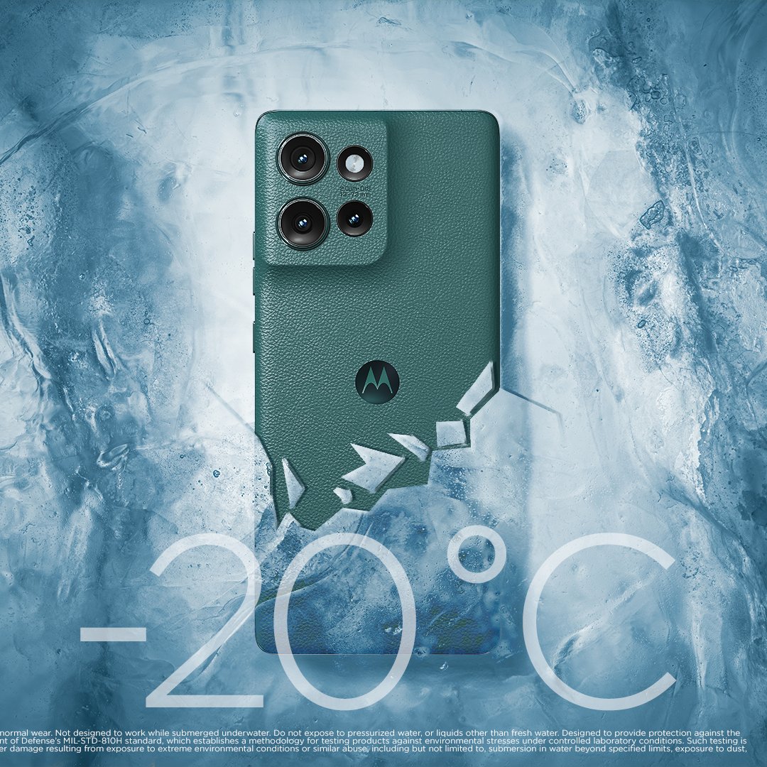 Motorola_Saudi's tweet photo. You: 🫠 or 🥶
Motorola Edge50: 😎
Extreme weather got nothing on the new smARTphone as Motorola #Edge50 comes with MIL-810H military grade certification, passing 16 rigorous durability tests, and handling -20 degrees to +60 degrees Celsius.
#Motorola #BuiltToSurvive https://t.co/lVTJh99VIZ