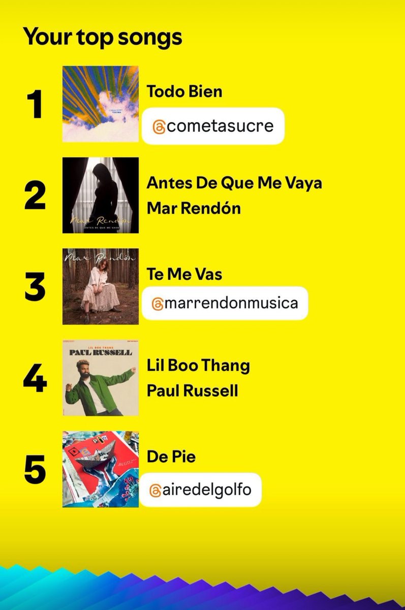 Según <a href="/Spotify/">Spotify</a> estas fueron las 5 canciones más escuchadas por mí este 2024. 

No puedo decir que se han equivocado. 

<a href="/CometaSucre/">Cometa Sucre</a> <a href="/MarRendonMusica/">Mar Rendón 🩷</a> 
#LilBooThang #PaulRussell
<a href="/airedelgolfo/">Aire del Golfo</a> 💔